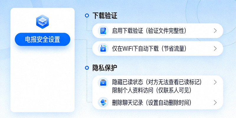 电报安全设置中关于下载验证与隐私保护的选项示意图