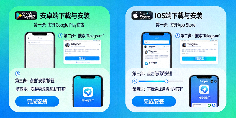 Telegram安卓与iOS手机端下载与安装过程对比示意图