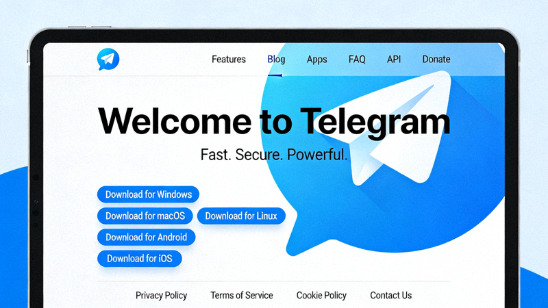 Telegram官方网站首页截图，展示下载按钮位置