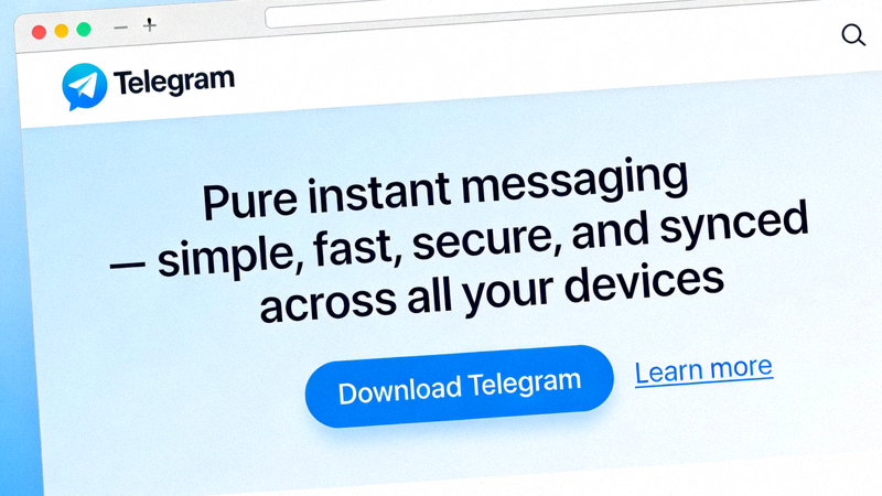 Telegram官方网站首页截图，展示下载按钮位置