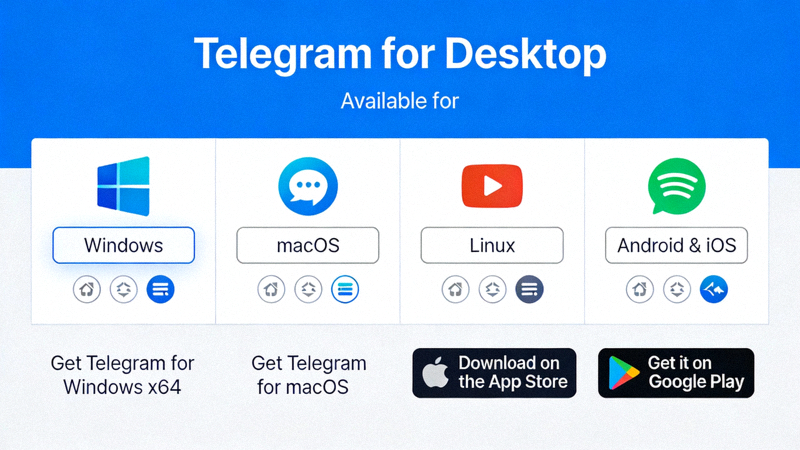 Telegram官网下载页面，显示不同操作系统的下载按钮