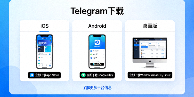 Telegram官网下载页面，展示iOS、Android、桌面版等不同平台选择