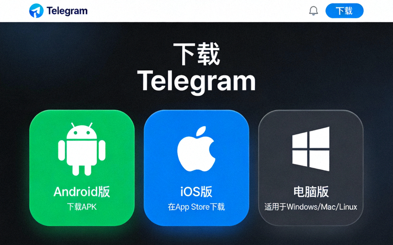 Telegram官网针对安卓、iOS和电脑系统的不同下载选项截图
