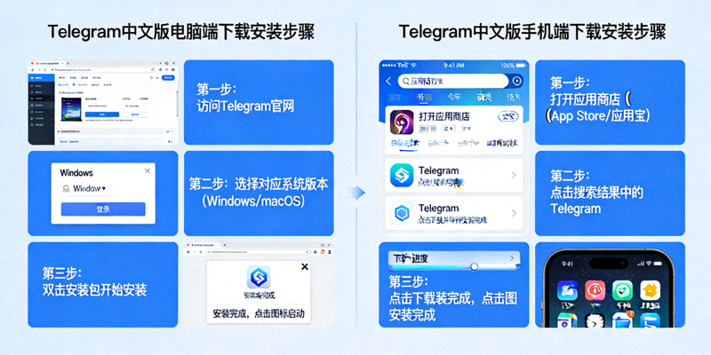 Telegram中文版在电脑与手机上的下载安装界面详细步骤示意图