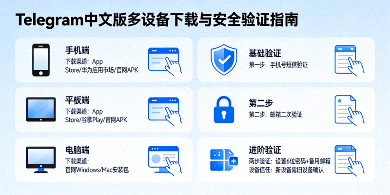 Telegram中文版在不同设备上的下载渠道与安全验证示意图