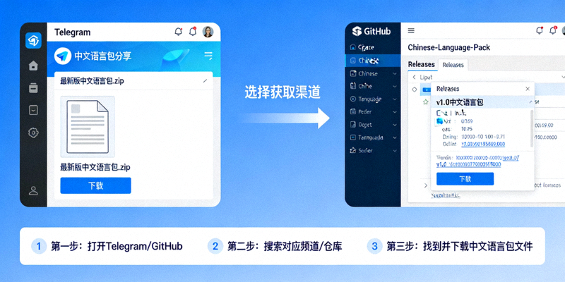 展示从Telegram频道或GitHub获取中文语言包文件的示意图