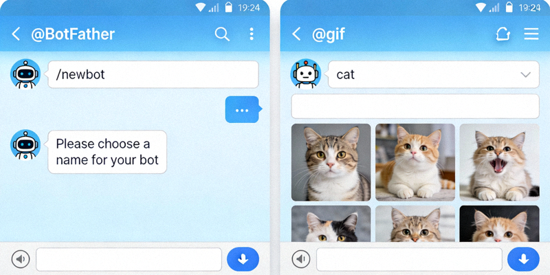 展示几个常用Telegram机器人如@BotFather、@gif的使用界面