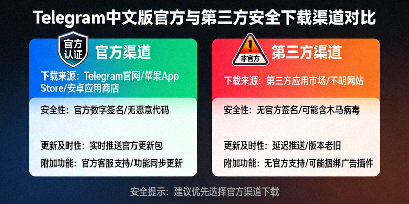 展示Telegram中文版官方与第三方安全下载渠道的对比信息图