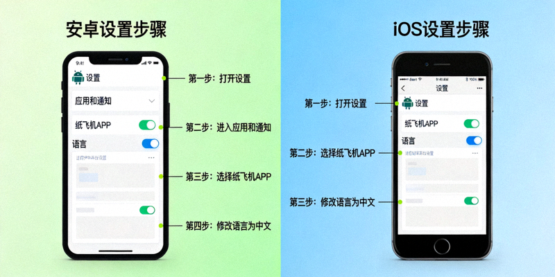 纸飞机APP汉化包在安卓与iOS手机上的设置界面详细操作对比图