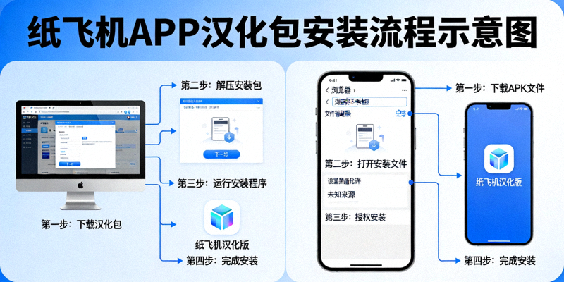 纸飞机APP汉化包在电脑与手机端的安装流程示意图